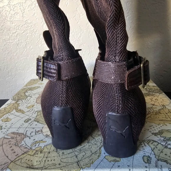 PUMA Vtg Y2K Leather Tweeded Chocolate Brown Wedge to the Knee Boots, size 6 - Picture 5 of 13